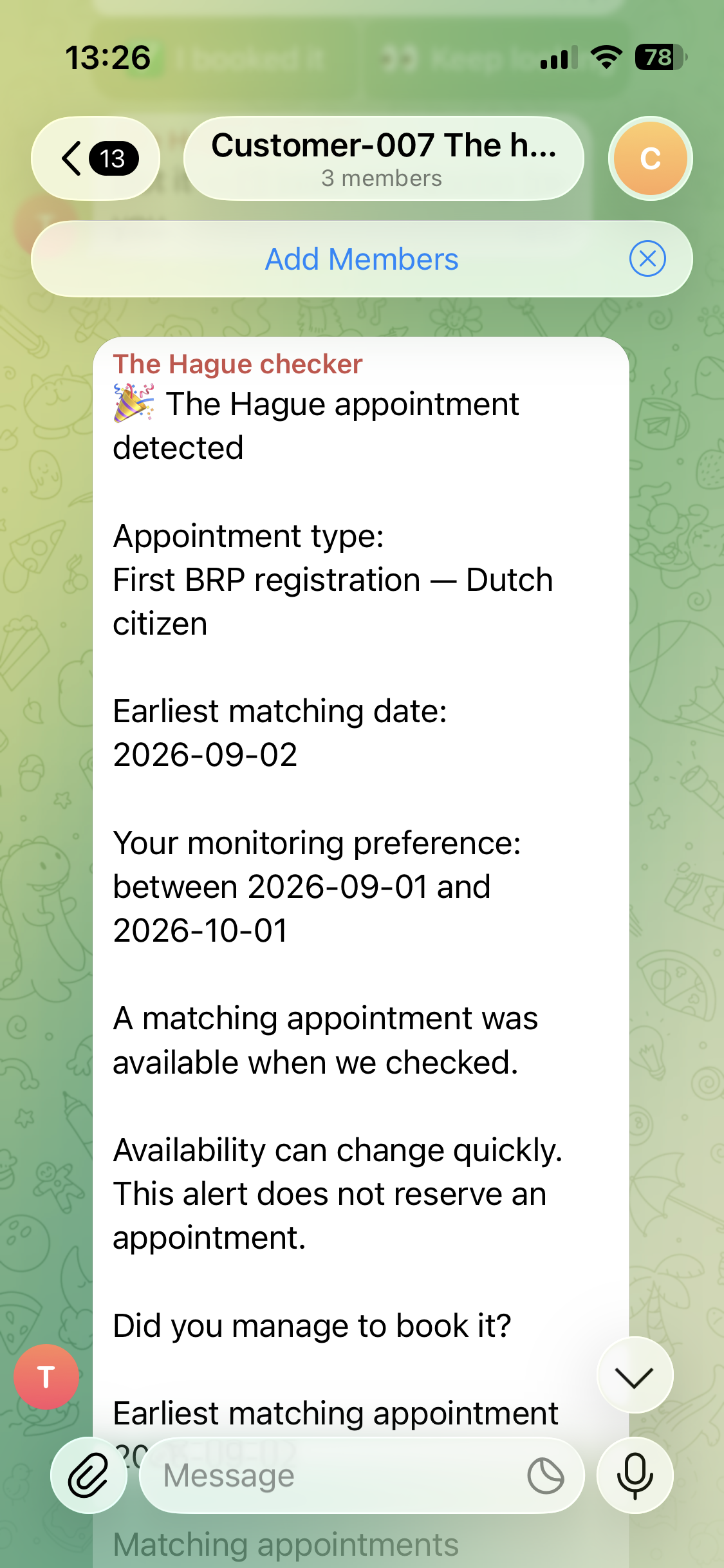 Telegram alert showing a matching The Hague appointment, its type, earliest date and selected date range.