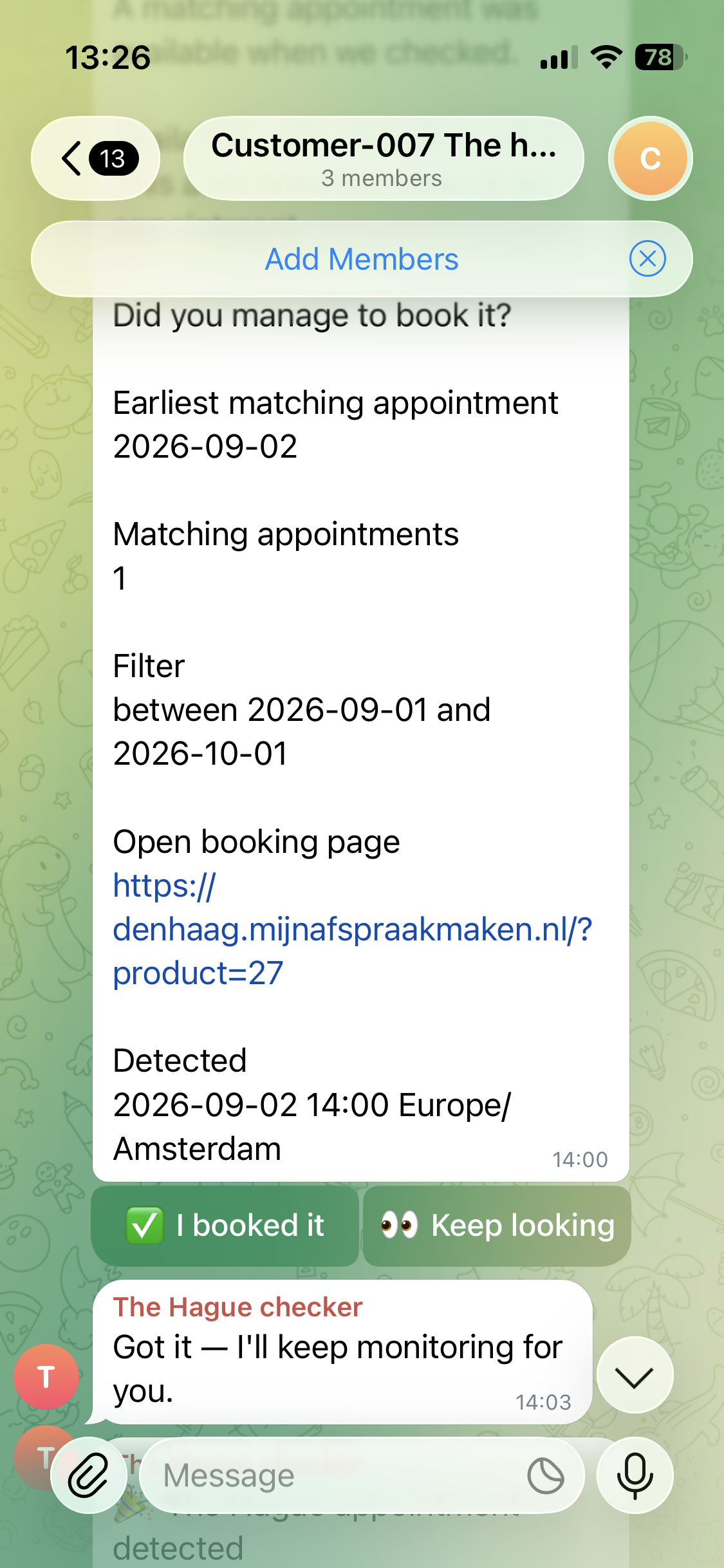 Telegram appointment alert with a booking-page link and the Keep looking option selected.