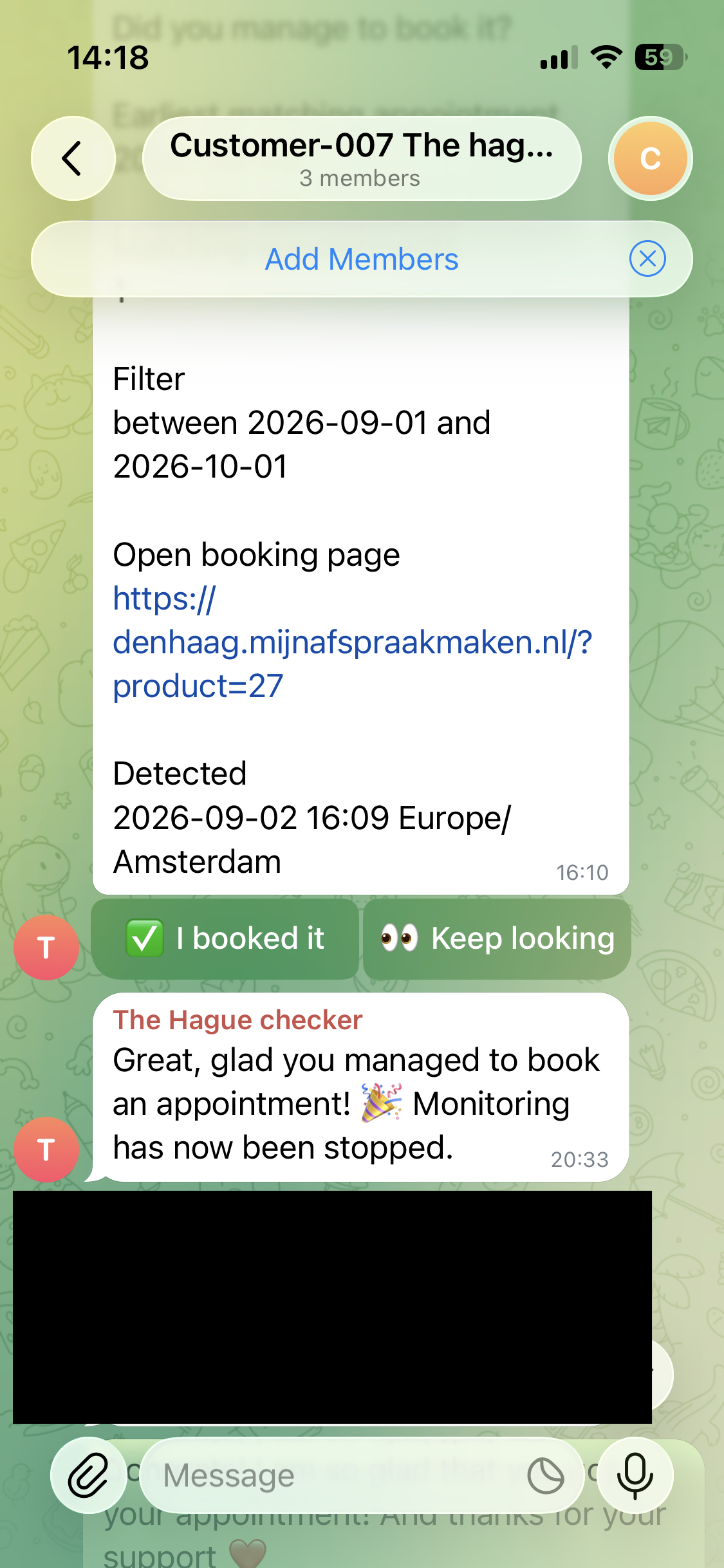 Telegram confirmation after the customer taps I booked it, showing that appointment monitoring has stopped.