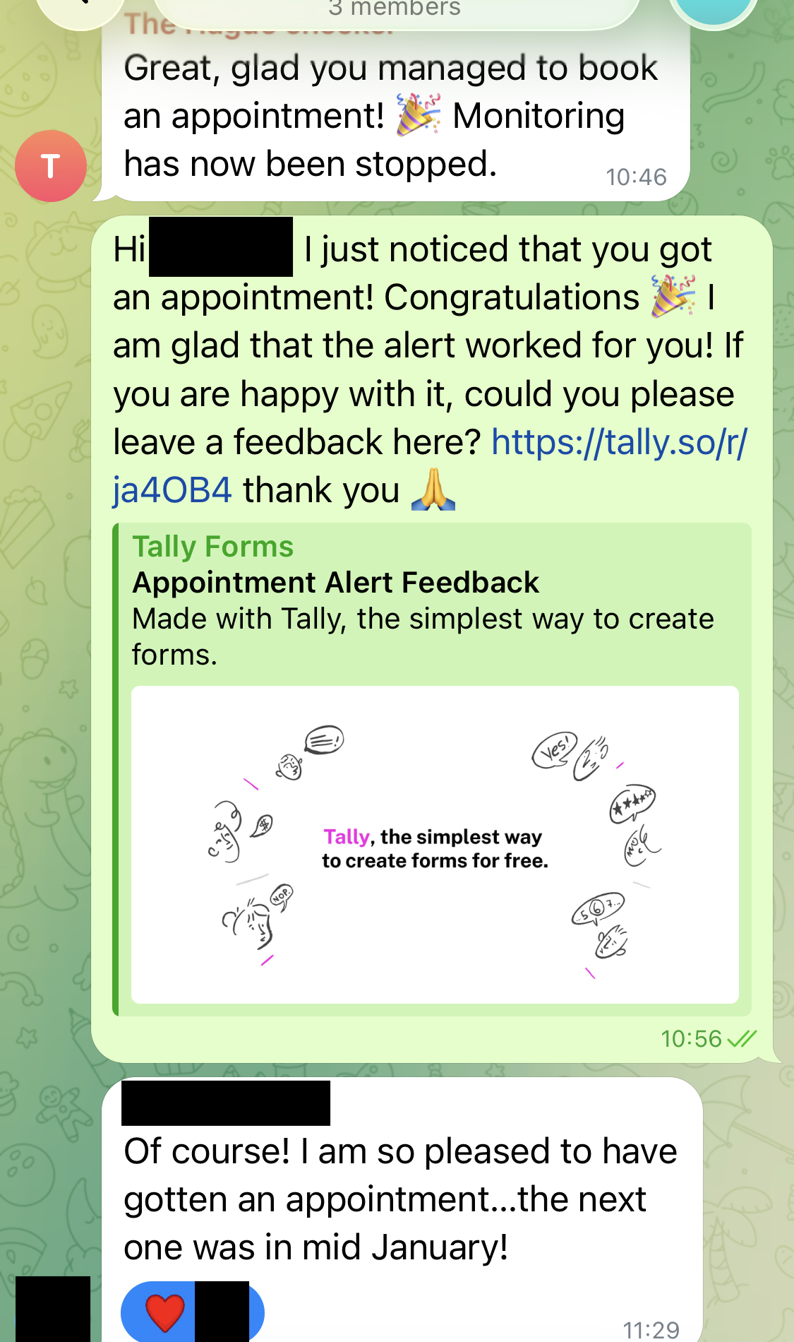 An anonymised customer conversation showing an appointment was booked and that the next available appointment would have been in mid-January.